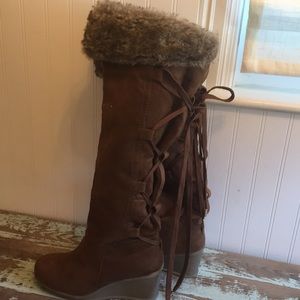 Lace up knee boots with faux trim